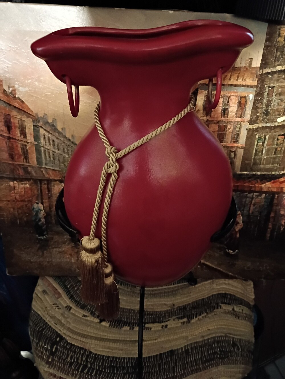 Large Red Decorative Urn Vase with Gold Tassel - Picture 4 of 5